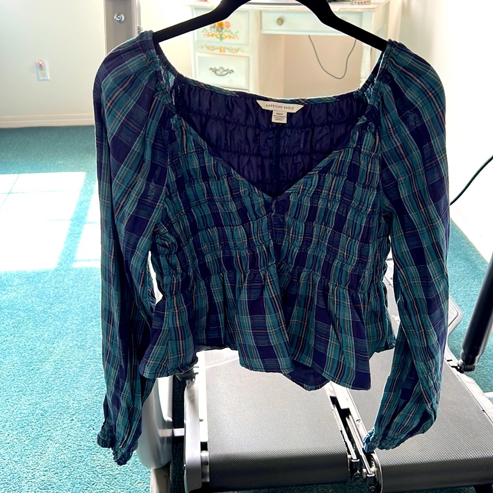 American Eagle blue & green plaid smocked crop top in Medium